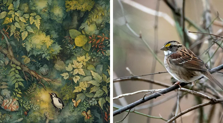 Illustration of a forest with a bird and animals on the left; a real bird perched on branches on the right.