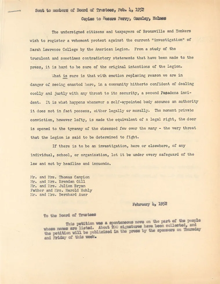 Typed letter from February 1952, protesting an investigation of Sarah Lawrence College by the American Legion, with signatures at the bottom.