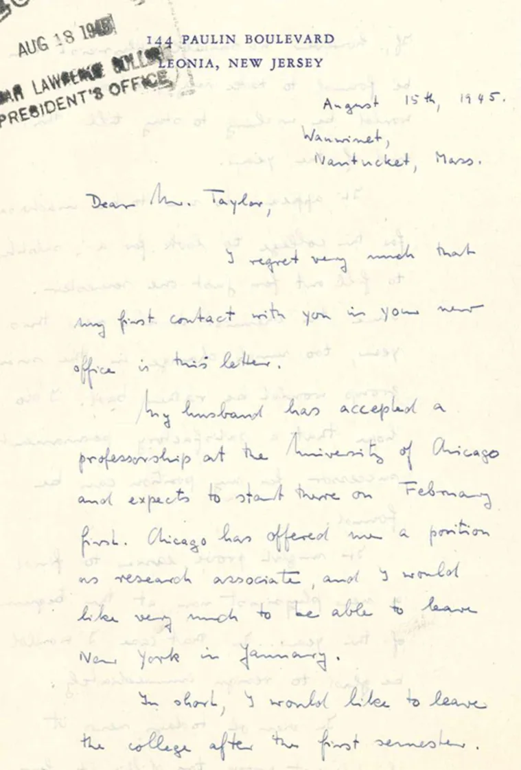 Handwritten letter dated August 15, 1945, from Leonia, New Jersey, discussing academic positions and plans to move to Chicago.