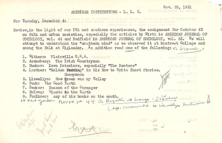 Typed and handwritten text detailing a reading assignment with a list of books and articles, dated November 28, 1951.
