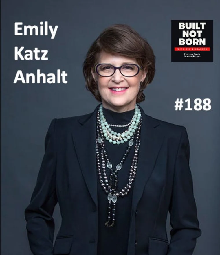 Person in a black suit with layered necklaces, smiling. Text reads "Emily Katz Anhalt" and "#188." "Built Not Born" logo is present.