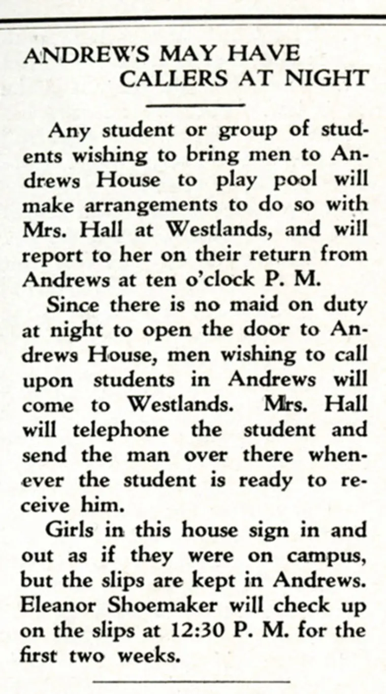 Text detailing procedure for students arranging visits to Andrews House to play pool, including sign-in, timing, and contact with Mrs. Hall.