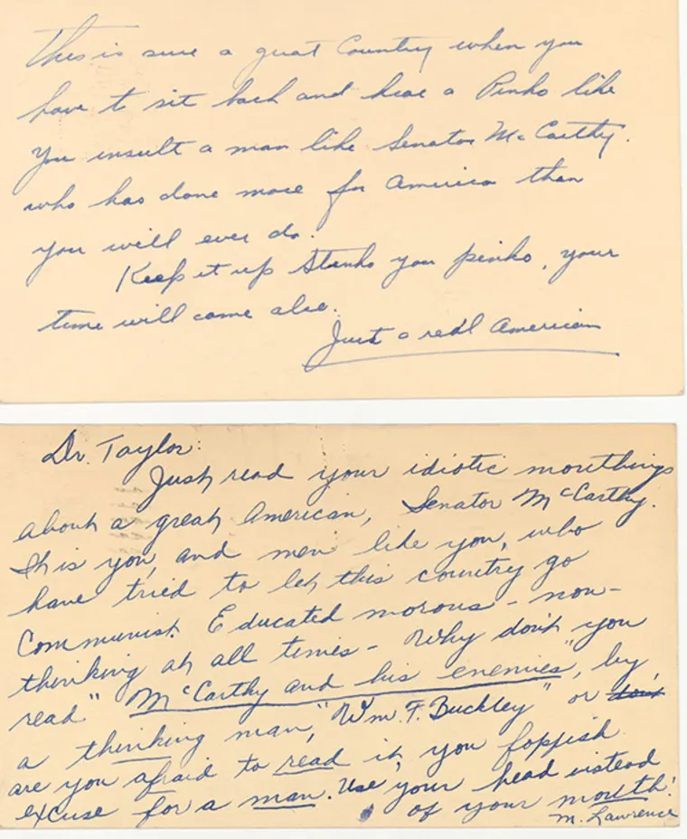 Handwritten letter with criticism about remarks on a political figure, mentioning communism and book recommendations. Signed by M. Lawrence.