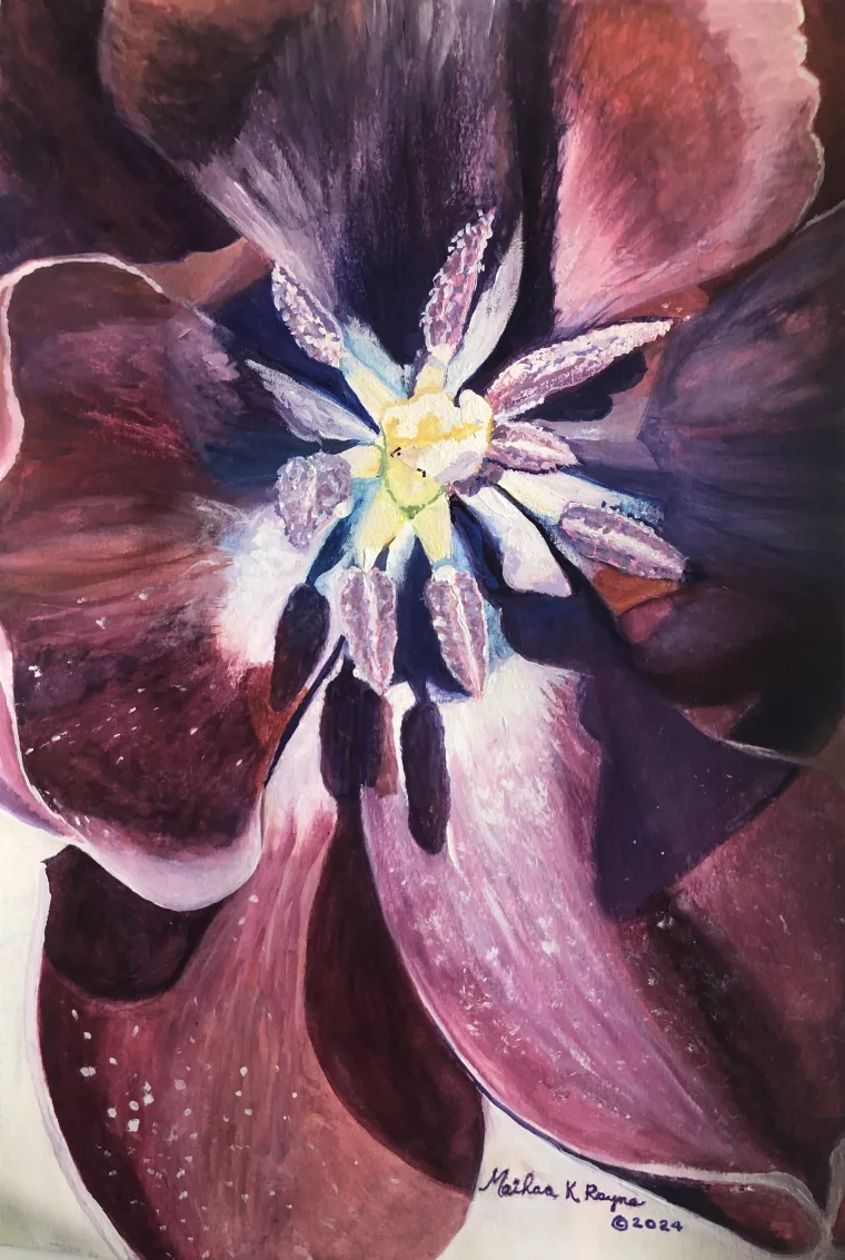Close-up painting of a flower with deep red and purple petals surrounding a bright yellow and blue center, featuring textured details.