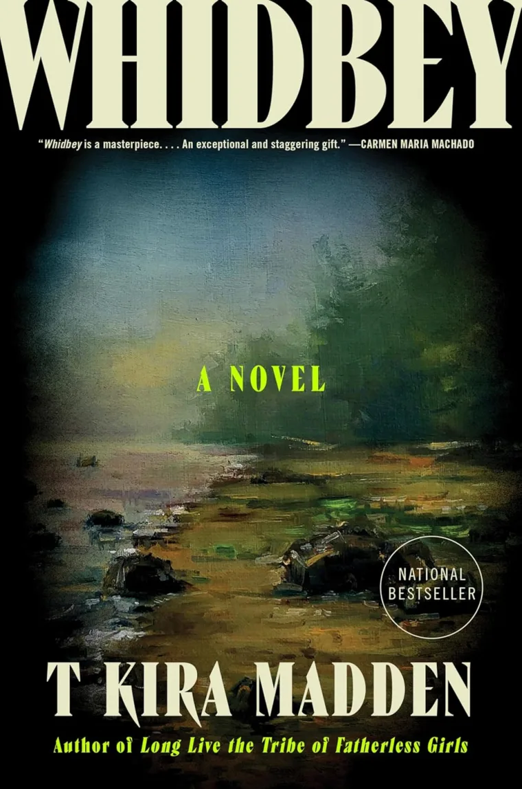Book cover for "Whidbey" by T Kira Madden. Features a landscape painting with water and foliage. Includes praise from Carmen Maria Machado.