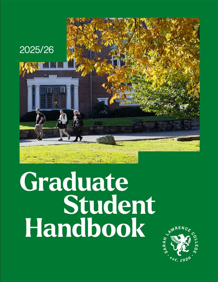 Cover of the 2025/26 Graduate Student Handbook shows people walking on a sunny campus path beneath a tree with yellow leaves.