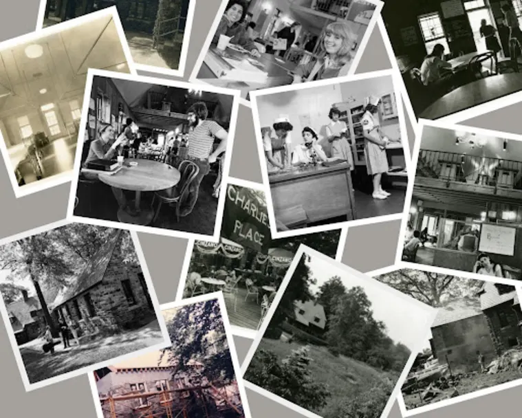 A collage of black-and-white photos showing various indoor and outdoor scenes, including people interacting, buildings, and landscapes.