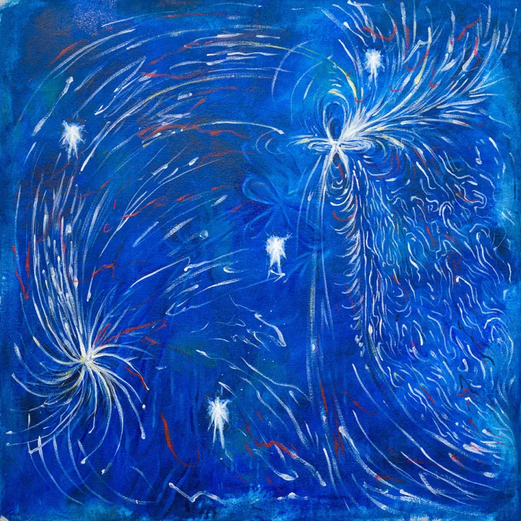 Abstract painting with swirling white and red lines on a blue background, resembling cosmic or underwater scenes with bright points of light.