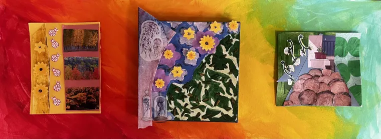 Three colorful mixed-media art pieces on a gradient background from red to green, featuring flowers, foliage, and abstract patterns.
