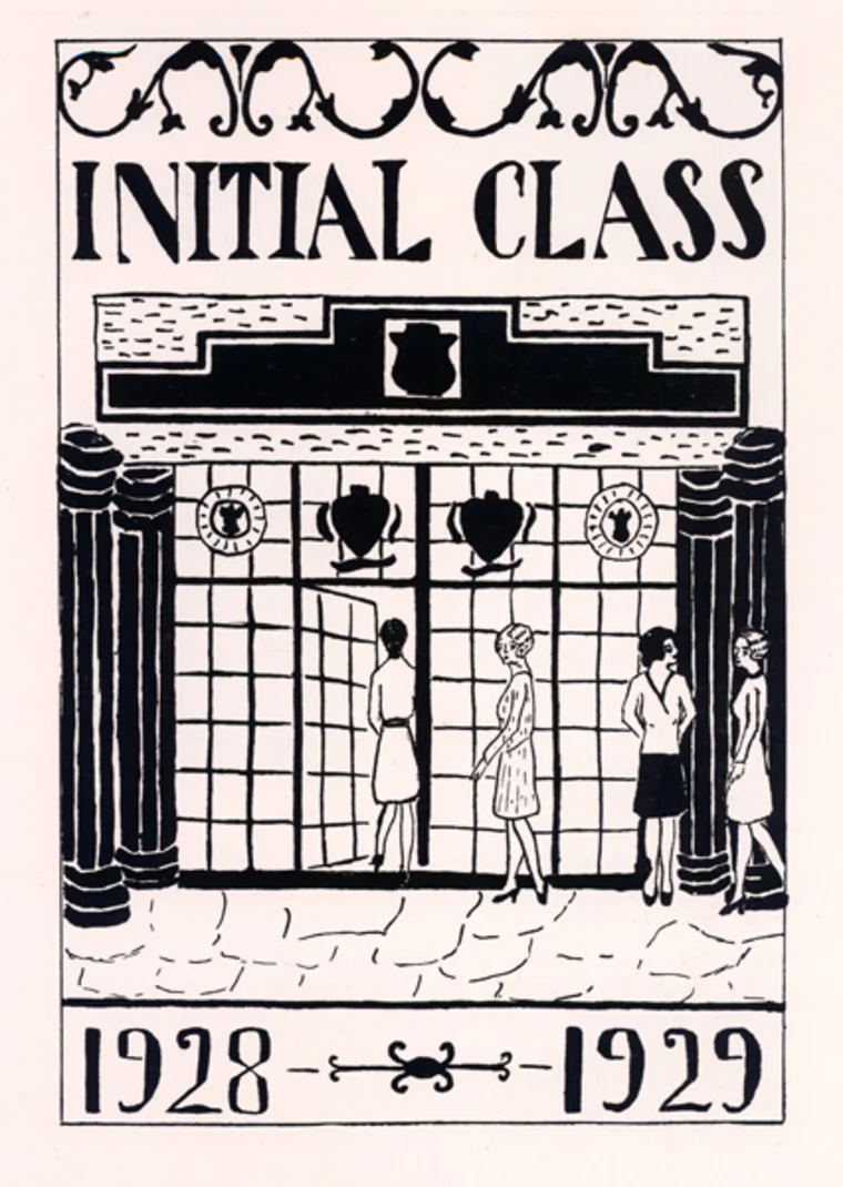 Art nouveau illustration titled "Initial Class" with figures in front of a building. Text shows the years 1928-1929.