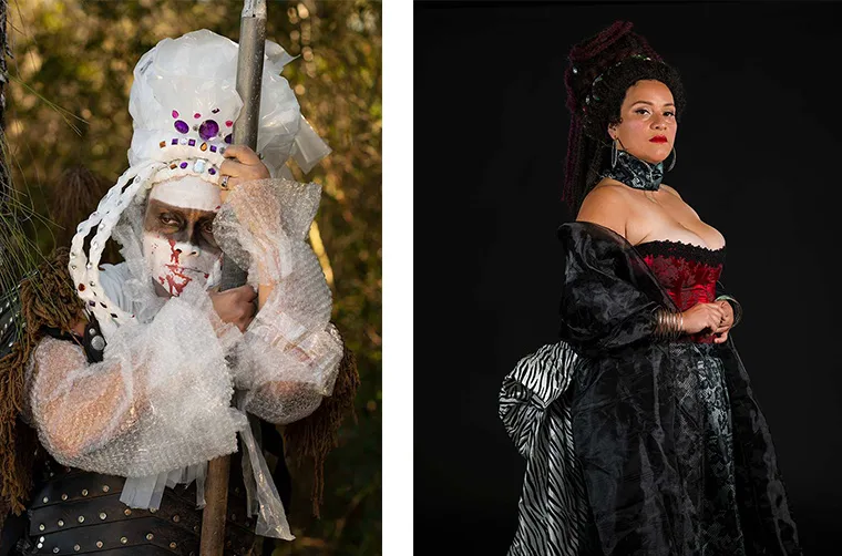 Two individuals in costume: one with bubble wrap and face paint outdoors, the other in a black and red historical outfit against a dark backdrop.