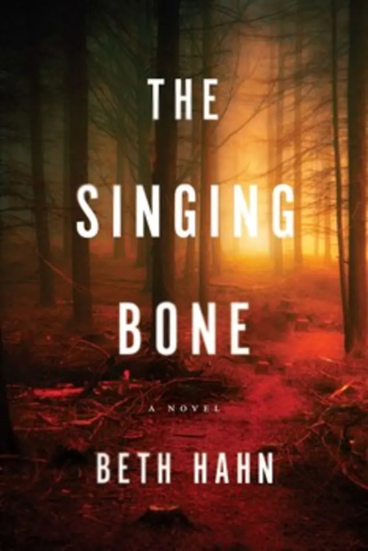 Book cover features a misty forest with glowing light. Text reads "The Singing Bone, A Novel, Beth Hahn."