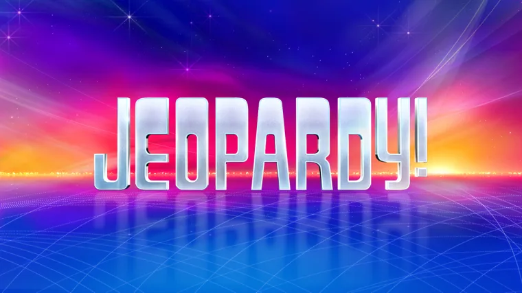 "Jeopardy!" logo with bold white letters on a colorful gradient background of blue, pink, orange, and purple with light streaks.