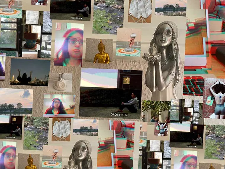 Collage features a silver statue, landscape photos, colorful portraits, a small golden Buddha, and various everyday objects in a layered arrangement.