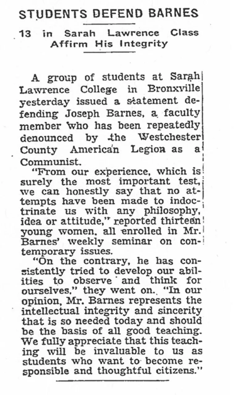 Newspaper text describes students defending a faculty member against accusations, praising the person's integrity and teaching approach.