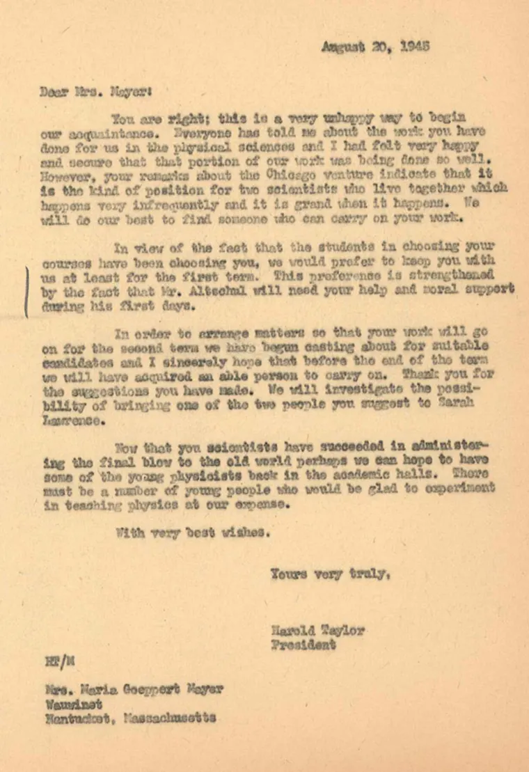 Typed letter on yellowish paper dated August 20, 1945, addressed to Maria Goeppert Mayer, signed by Harold Taylor, discussing academic matters.