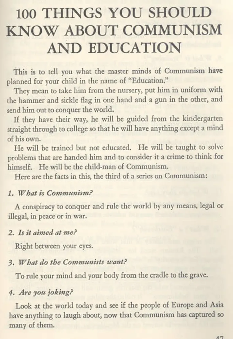 A page discussing perceptions of communism and education, posing questions about communist intentions and its impact on individuals and society.