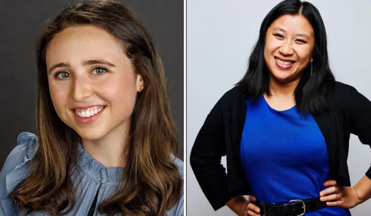 Two people smiling; one wearing a gray top, the other in a blue dress with a black cardigan, against simple backgrounds.