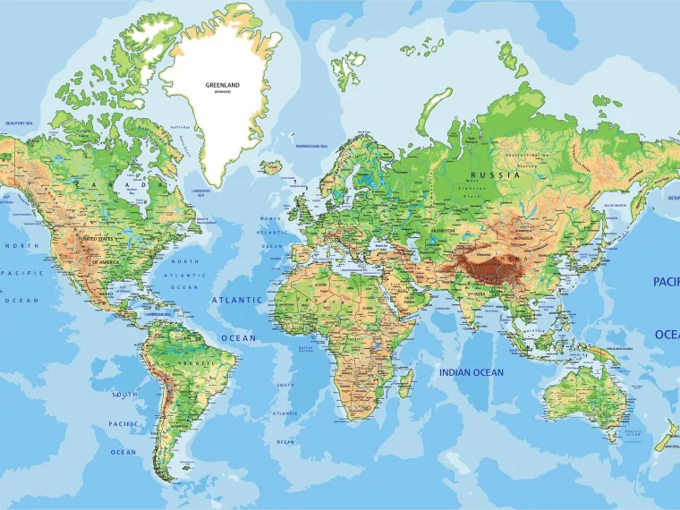 World map showing continents, oceans, and major countries with varied topography. Greenland and Russia prominently feature in the north.