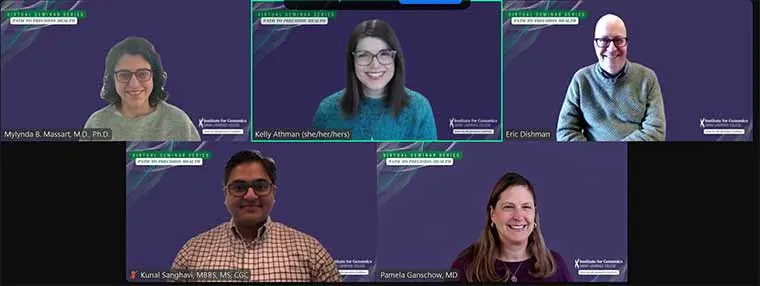 Five individuals in virtual meeting, each in a separate frame, with purple backgrounds and their names labeled.