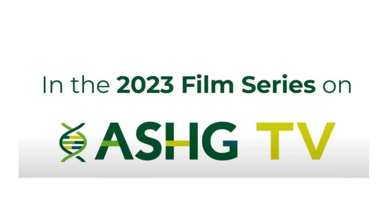 Text reading "In the 2023 Film Series on ASHG TV" with a DNA helix beside "ASHG."