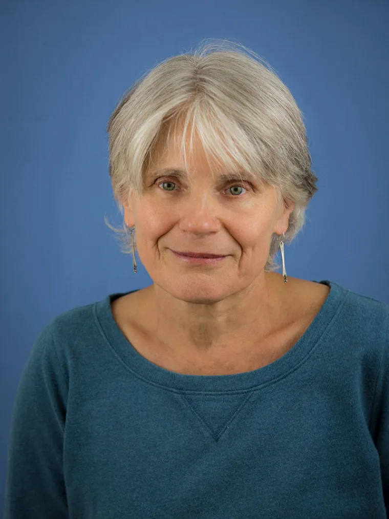 Person with short gray hair and blue shirt smiling slightly against a solid blue background.
