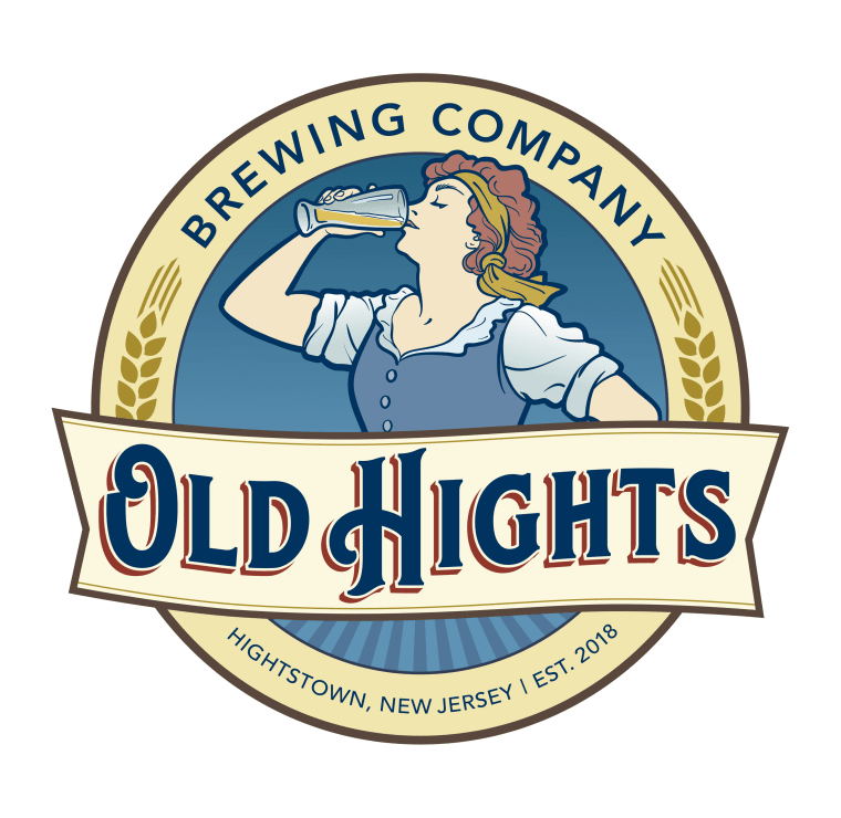 Illustration of a person drinking from a glass with "Old Hights Brewing Company" text. Features wheat imagery and is set in Hightstown, New Jersey.