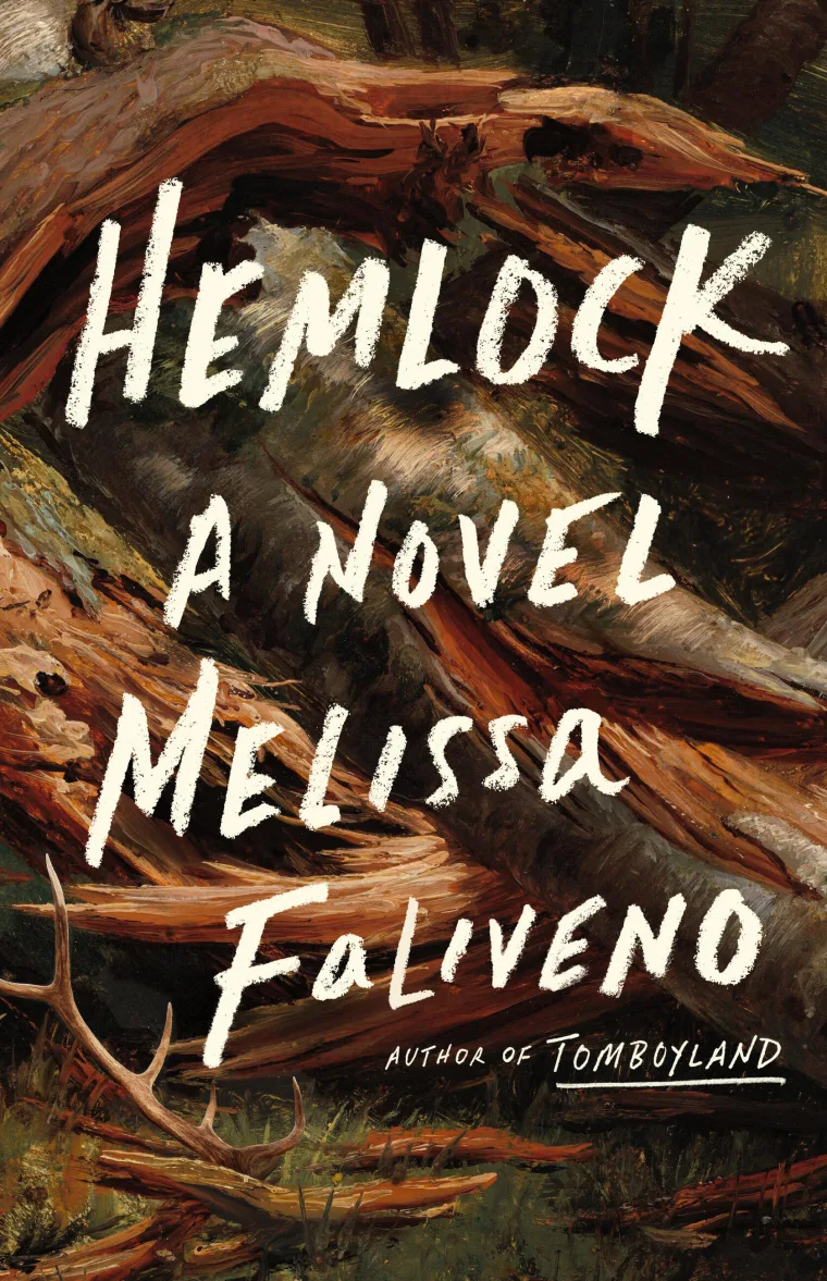 Book cover for "Hemlock" by Melissa Faliveno, features a wooded background with large tree branches and brushstroke-style text.