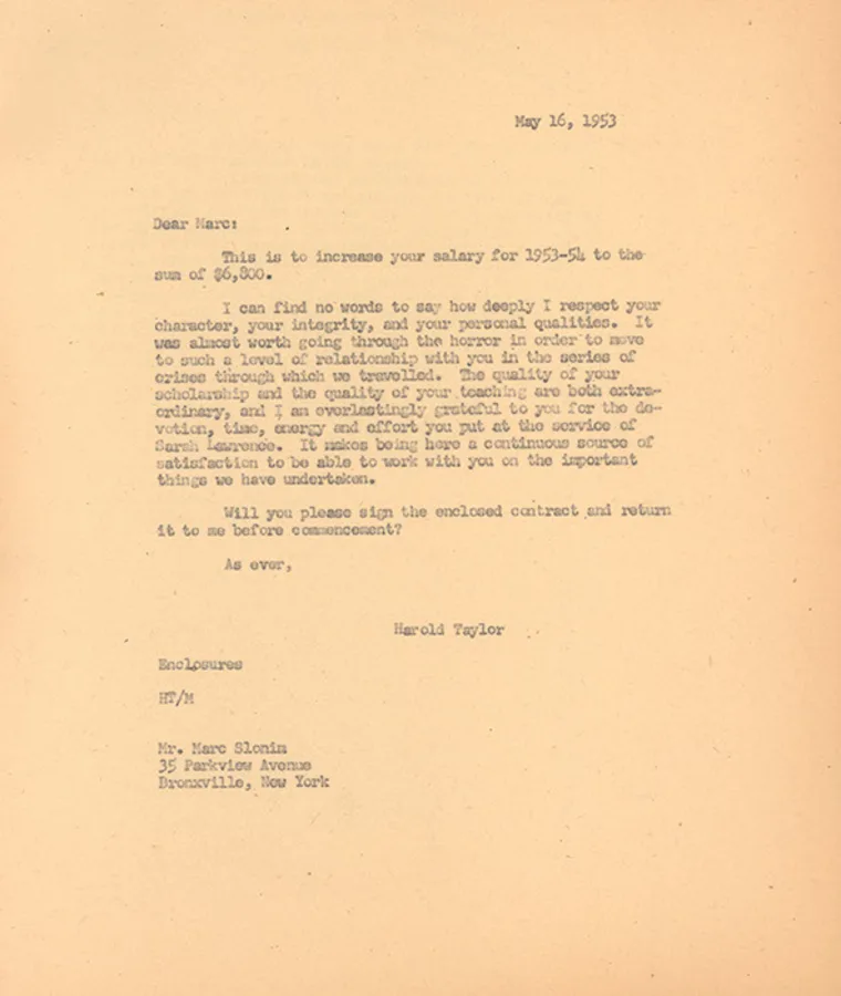 Typed letter from Harold Taylor to Marc Slonin dated May 16, 1953, discussing a salary increase and expressing gratitude for their contributions.