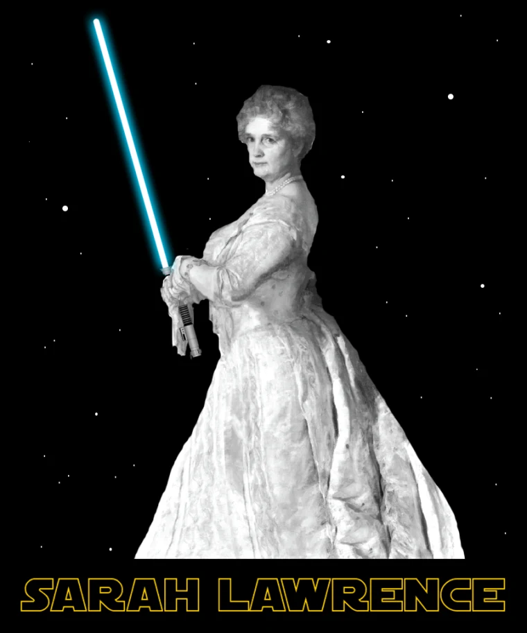 Person in historical clothing holding a blue lightsaber against a starry background, with "Sarah Lawrence" text at the bottom.