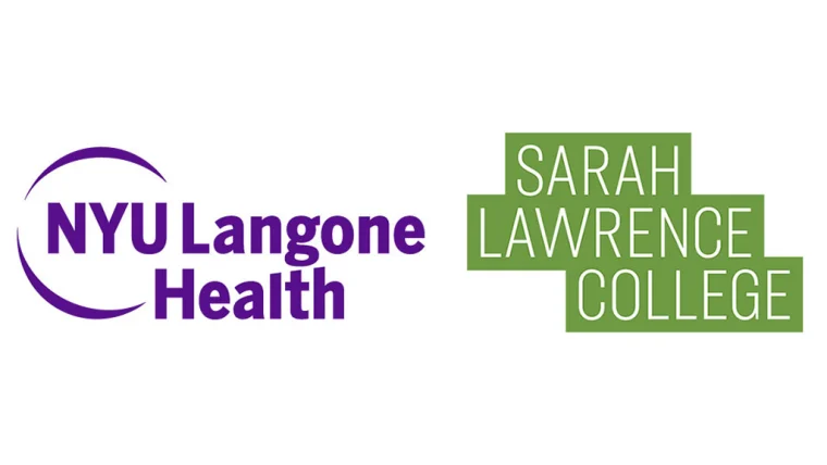 Logos for NYU Langone Health in purple and Sarah Lawrence College in green, side by side.