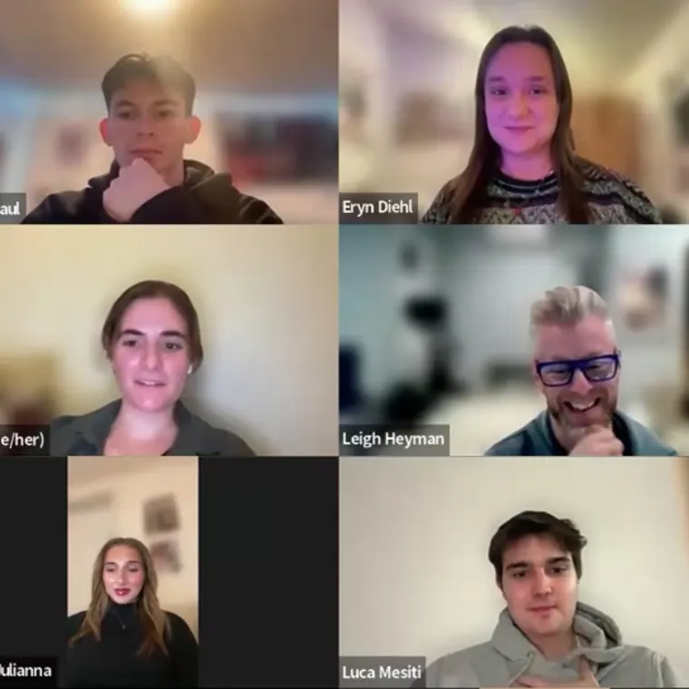 Six individuals in a video call; three are smiling, others have neutral expressions. Names appear on each frame.