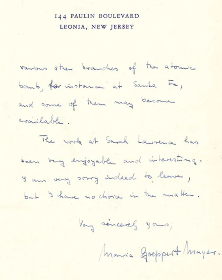 Handwritten letter on 144 Paulin Blvd, Leonia, NJ stationery, discussing atomic bomb work and leaving a job at Sarah Lawrence. Signed by Maria Goeppert Mayer.
