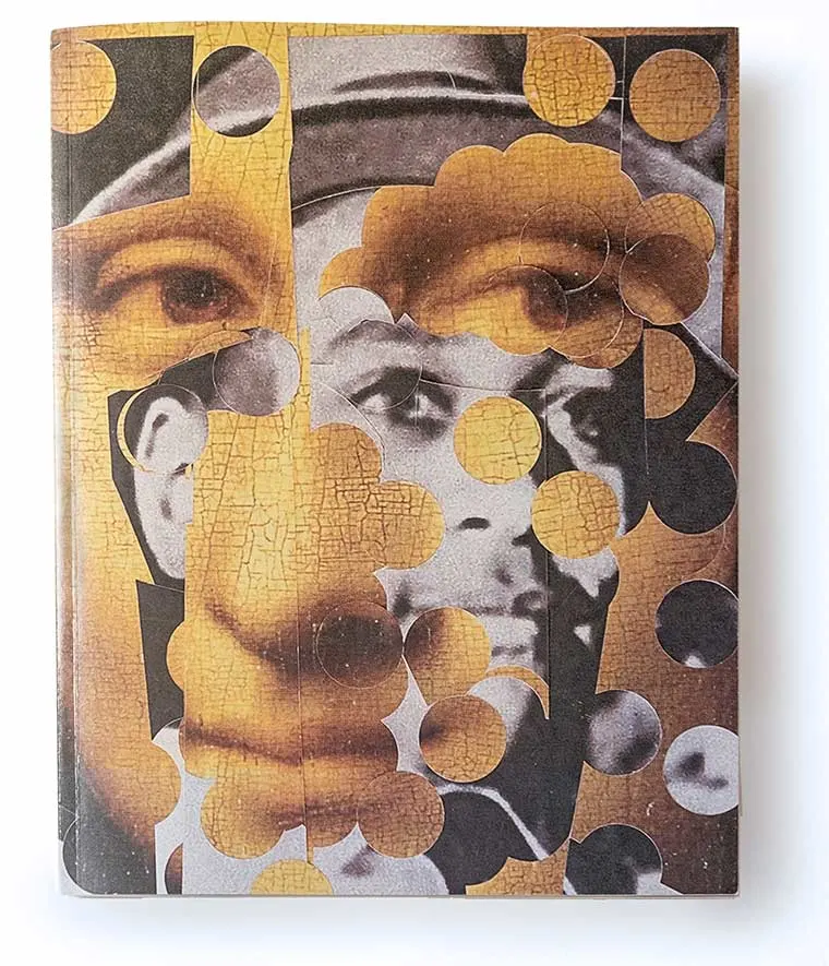 Collage of overlapping paper pieces with faces and eyes, featuring various patterns and textures in yellow and black tones.