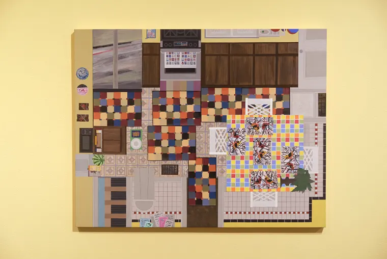 Painting of a kitchen viewed from above, featuring colorful checkered floors, dark cabinets, and a dining table with patterned tablecloths.