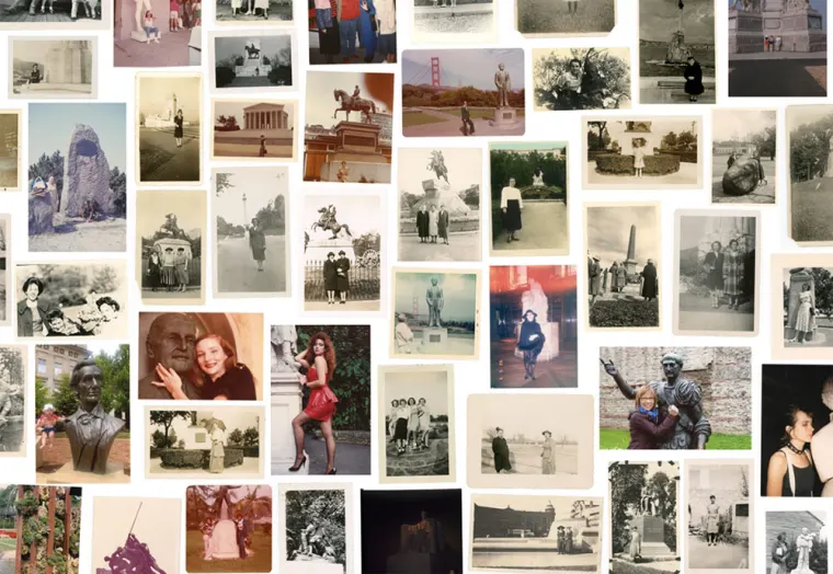 Collage of various vintage and modern photographs featuring people posing with statues and landmarks, in both black and white and color.