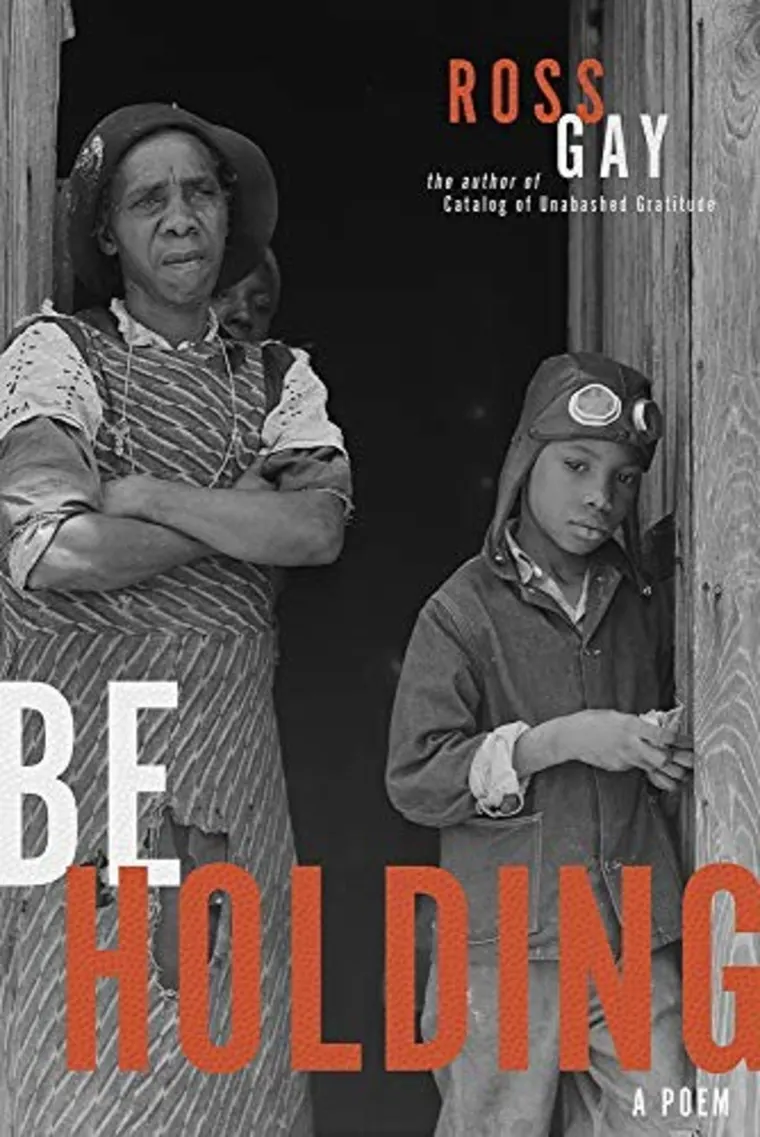 Two people stand at a doorway; one with arms crossed, the other wearing a pilot hat. Text: "BE HOLDING" and "ROSS GAY" on the cover.