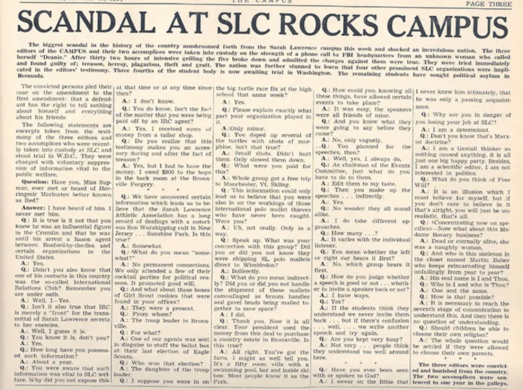 Newspaper page titled "Scandal at SLC Rocks Campus," featuring a fictional interview with questions and responses in a column format.