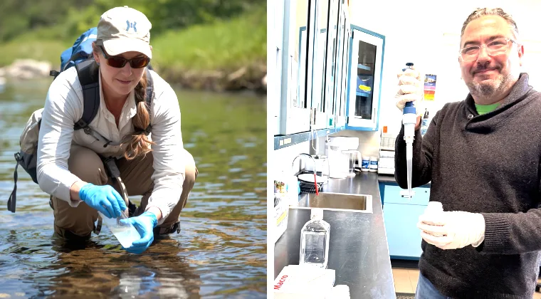Two persons in scientific roles: one collecting water in a stream, the other using a pipette in a lab.