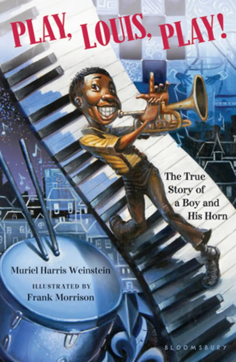 Illustrated book cover of "Play, Louis, Play!" shows a smiling child playing a trumpet on a giant piano, with city and musical notes.