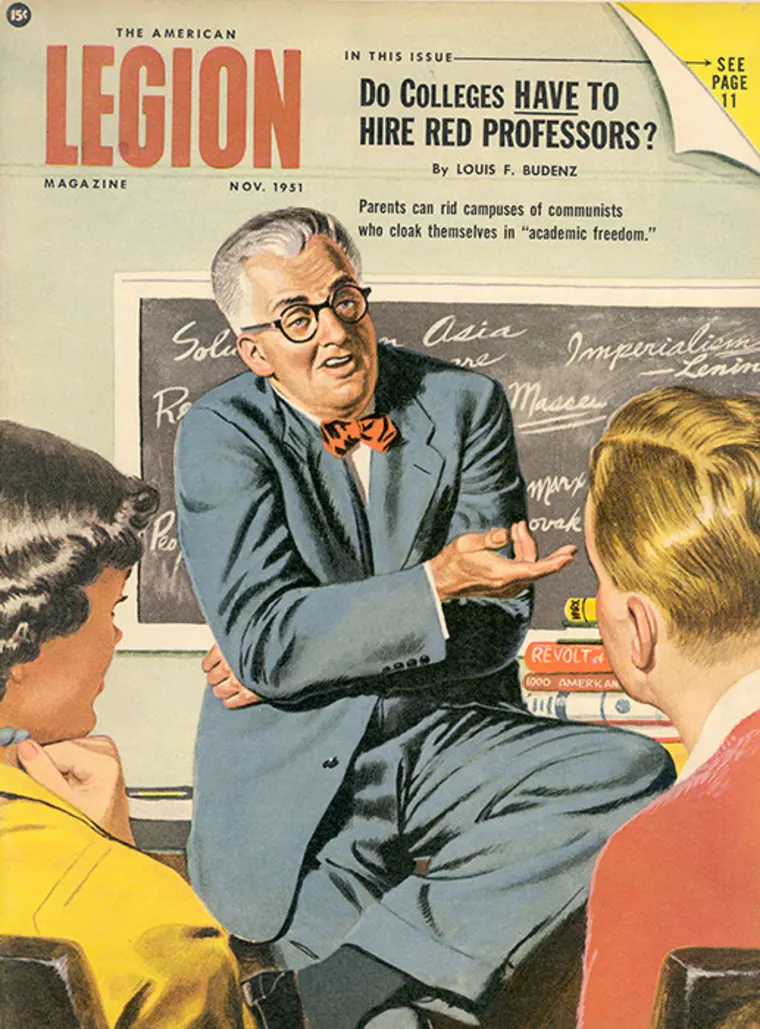 Person in a suit and bow tie speaks to two people in front of a chalkboard with books labeled "Revolt" and "1000 American."