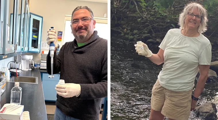 Two people collecting water samples; one in a laboratory holding a pipette and bottle, the other by a stream holding a small jar.