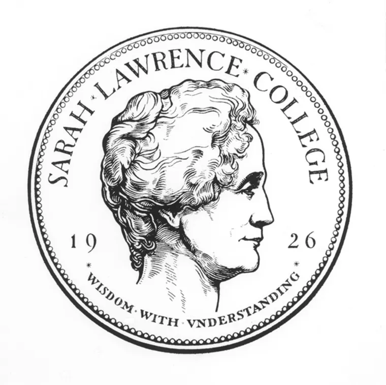 A circular emblem with a side profile of a person, surrounded by "Sarah Lawrence College" and the year 1926, with "Wisdom with Understanding" below.