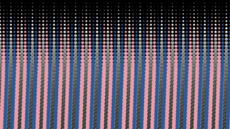 Pattern of vertical blue and pink stripes with small black dots arranged in a gradient from dense at the top to sparse at the bottom.