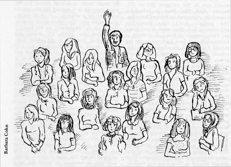 A diverse group of people sits in rows, one person stands with a raised hand among them. The drawing is in black and white.