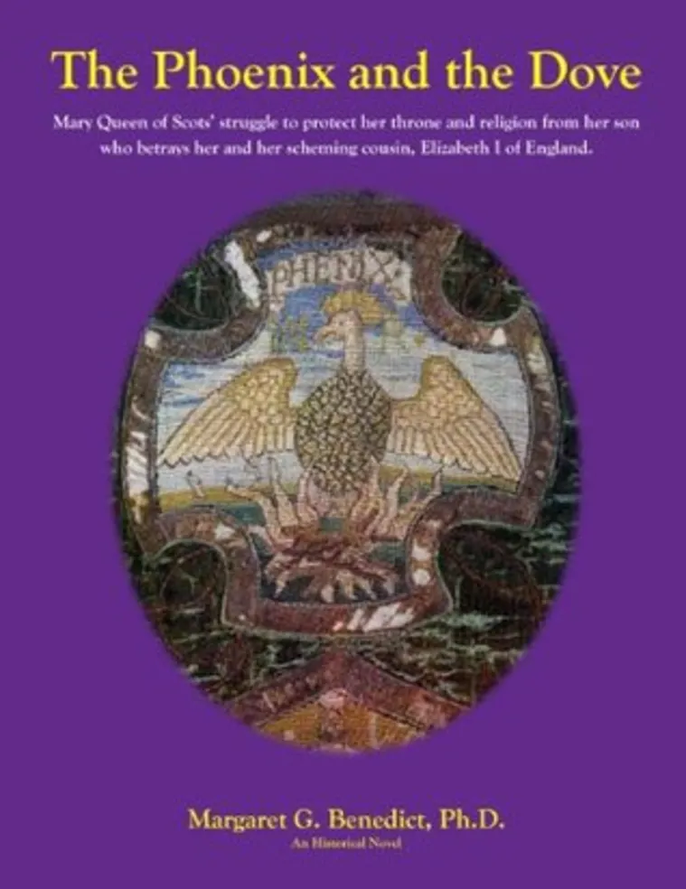 Book cover with purple background. Title "The Phoenix and the Dove" above an illustration of a phoenix. Author: Margaret G. Benedict, Ph.D.
