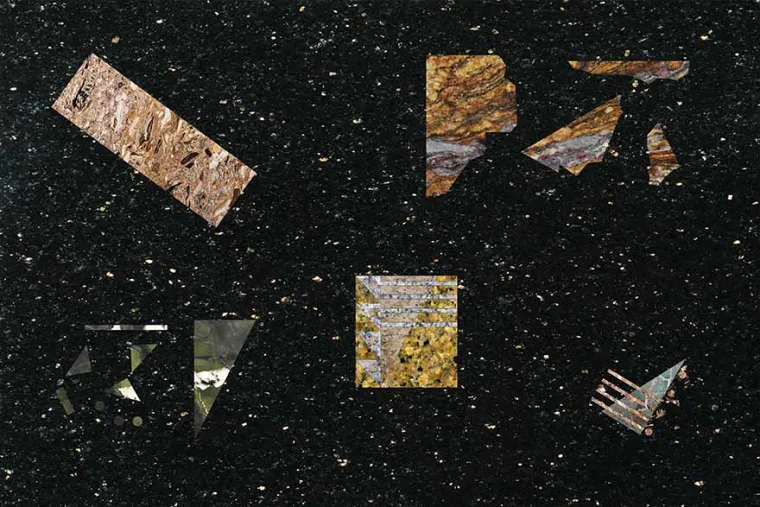 Abstract art with geometric shapes and textures in brown, black, and gold set against a starry black background.