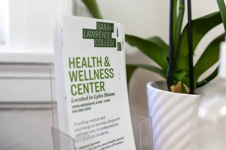 Brochure for Sarah Lawrence College Health &amp; Wellness Center in holder, near a green plant in a pot.
