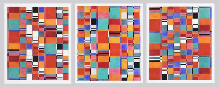 Three abstract paintings featuring colorful geometric patterns with various rectangles and squares in vibrant hues.