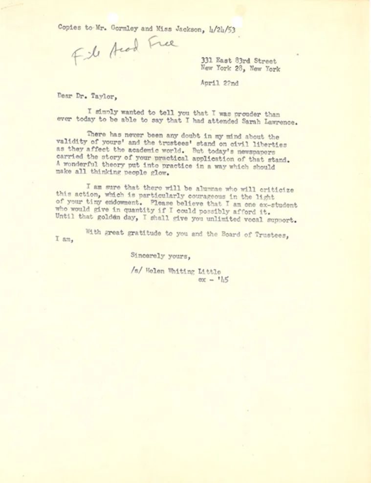 Typed letter dated April 22nd on New York letterhead, expressing pride in attending Sarah Lawrence and support for its civil liberties stance.